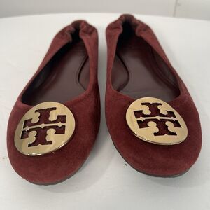 Tory Burch Minnie Flats red/ wine Gold logo Suede Ballerina Shoes US 8M